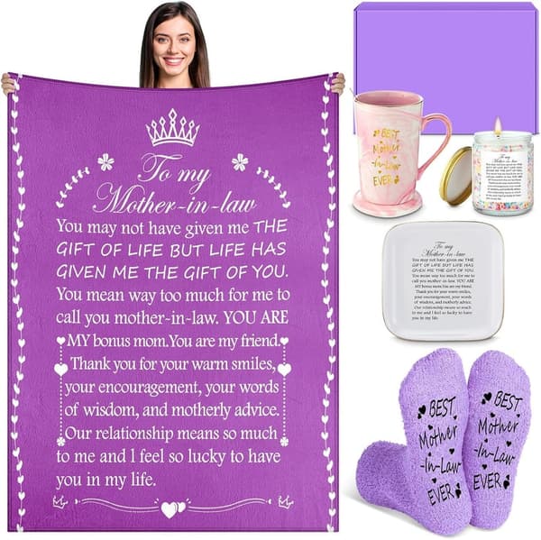 Mother's Day Gift Basket for Mother-in-Law with Blanket, Mug, Candle & More