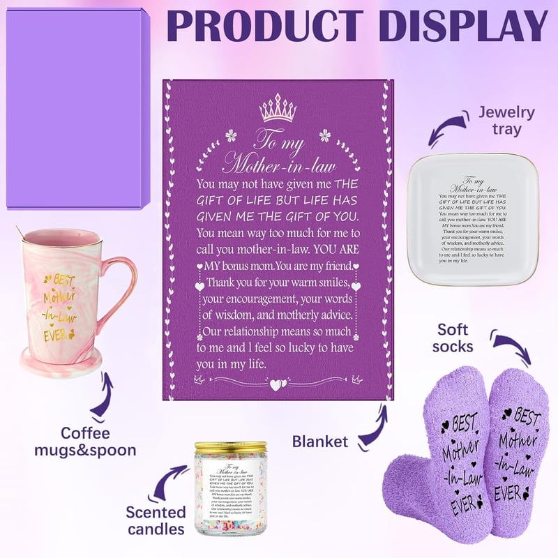 Mother's Day Gift Basket for Mother-in-Law with Blanket, Mug, Candle & More
