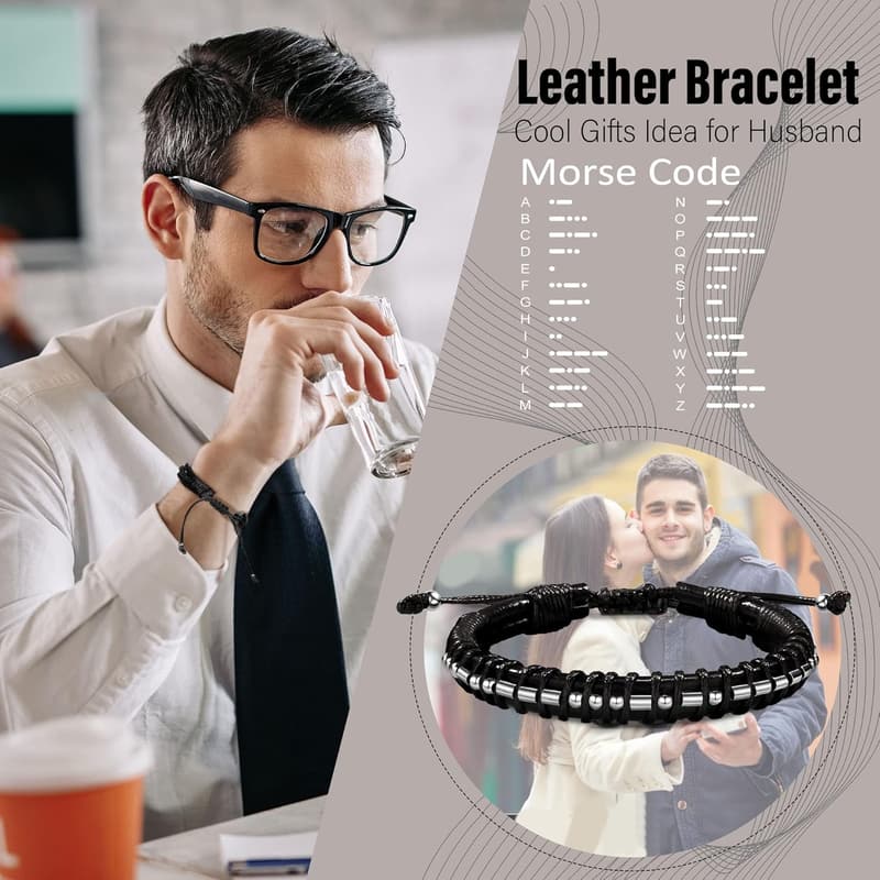Men's Adjustable Leather Morse Code Bracelet - Graduation Gift