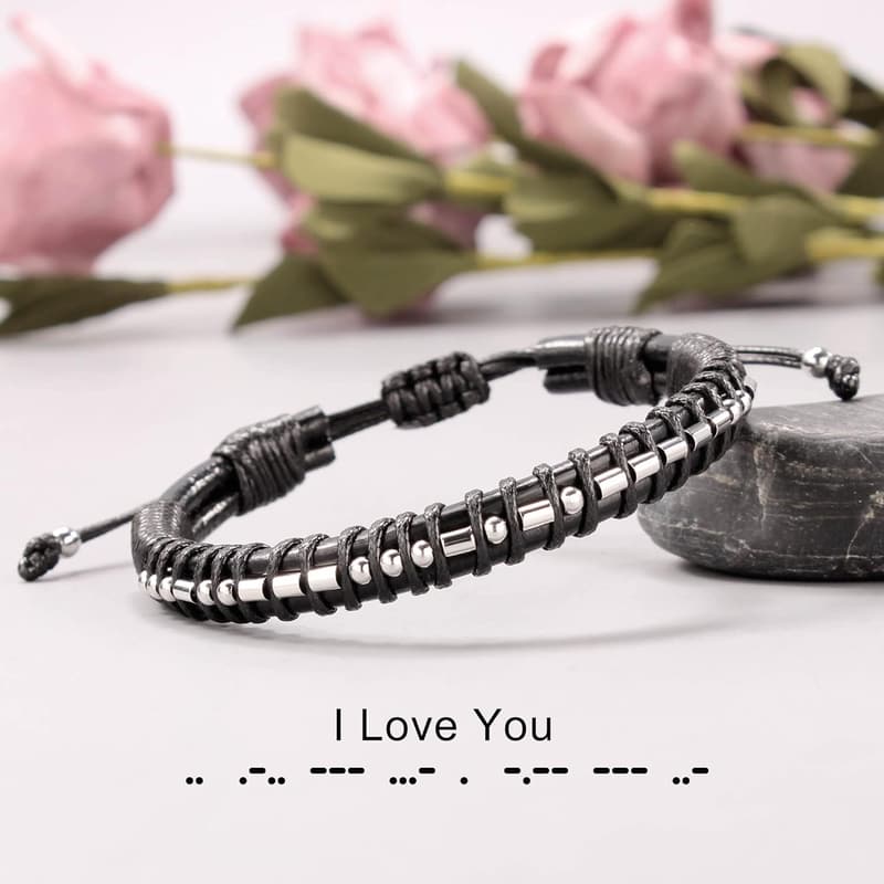 Men's Adjustable Leather Morse Code Bracelet - Graduation Gift