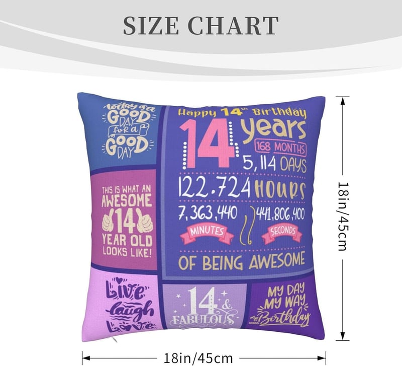14th Birthday Throw Pillow Covers for Girls 18 x 18 Inch