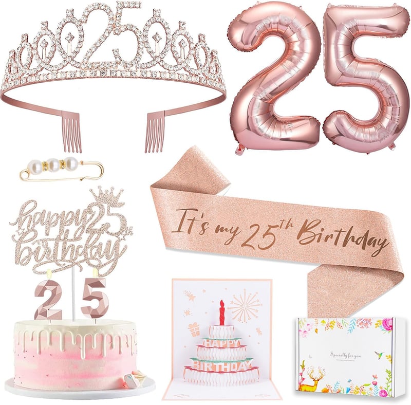 25th Birthday Decorations Set for Women - Cake Topper, Sash, Tiara, Candles & Balloons
