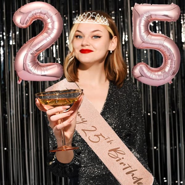 25th Birthday Decorations Set for Women - Cake Topper, Sash, Tiara, Candles & Balloons