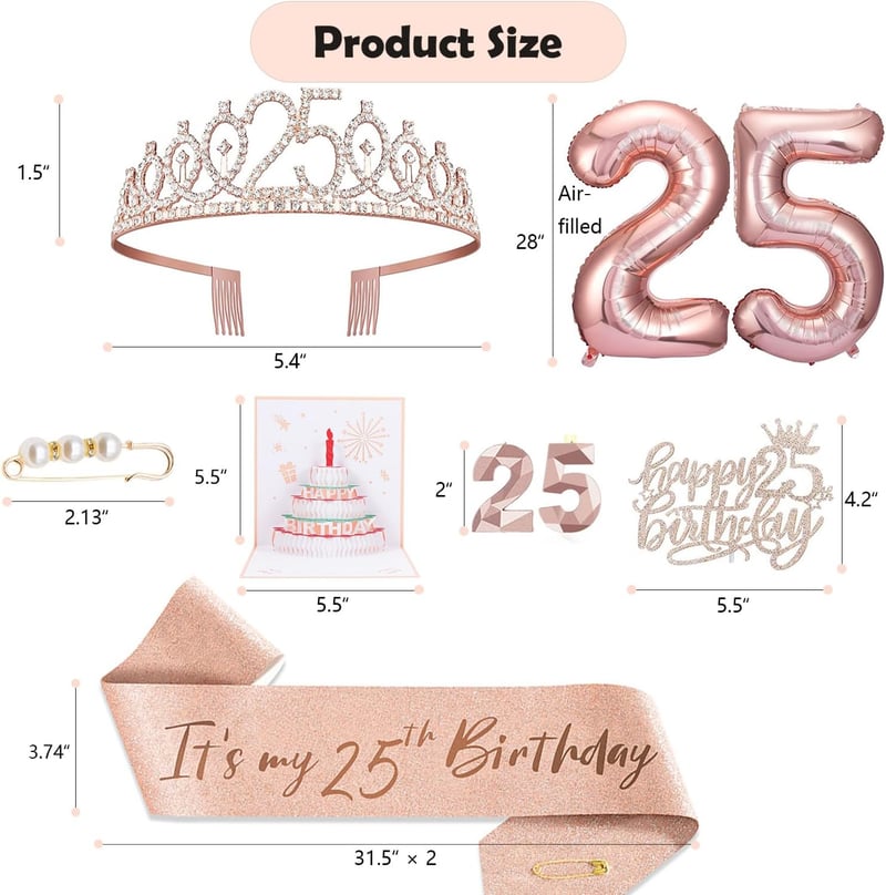 25th Birthday Decorations Set for Women - Cake Topper, Sash, Tiara, Candles & Balloons