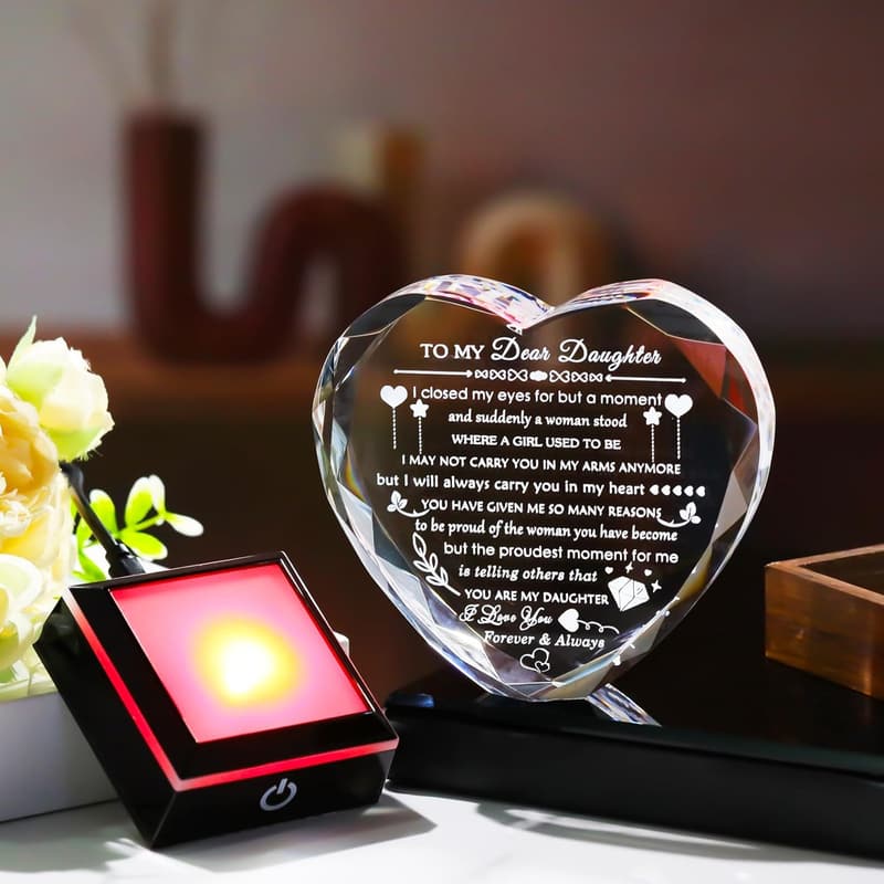 Colorful Heart Crystal Gift with LED Base for Daughter
