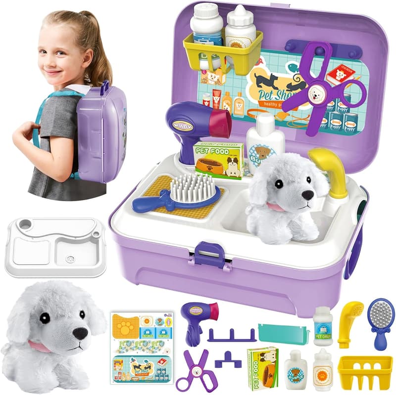 Vet Kit Pretend Play Set for Kids - Dog Grooming & Bathing Toy