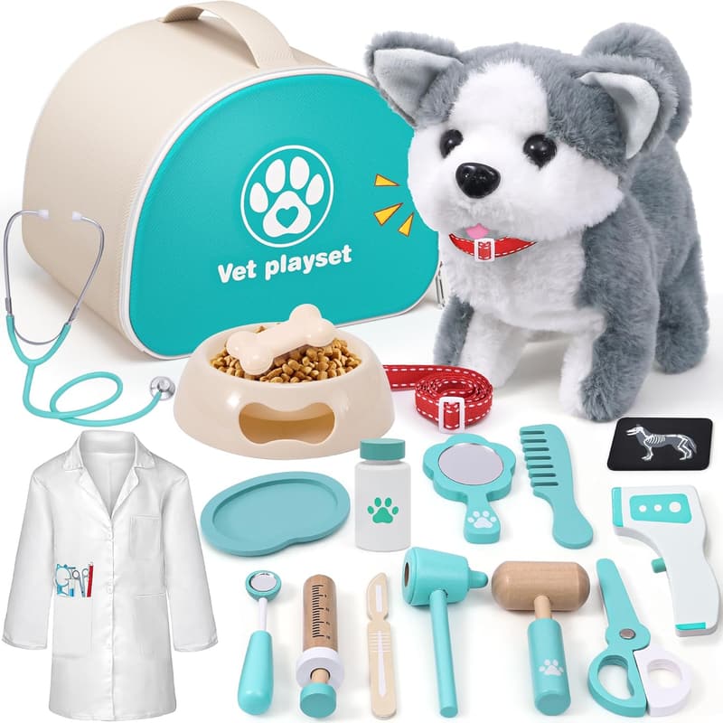 Kids Veterinarian Playset with 22 Wooden Dog Toys for 3+ Years