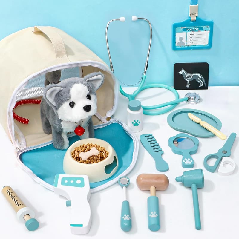 Kids Veterinarian Playset with 22 Wooden Dog Toys for 3+ Years