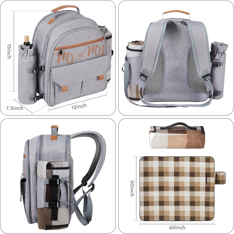 Grey Insulated Picnic Basket Set for Couples