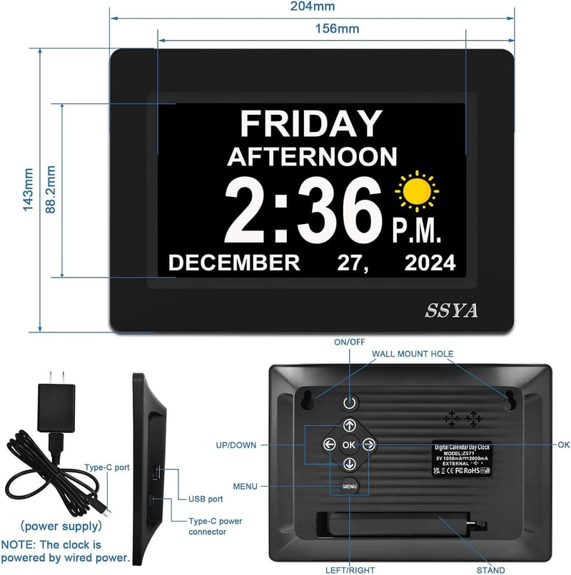 7-Inch Digital Clock with 12 Alarms & Auto Dimming
