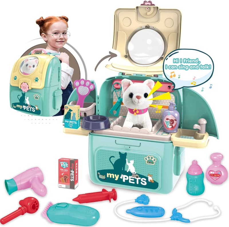 Pet Veterinarian Playset with Cat Carrier Backpack for Kids