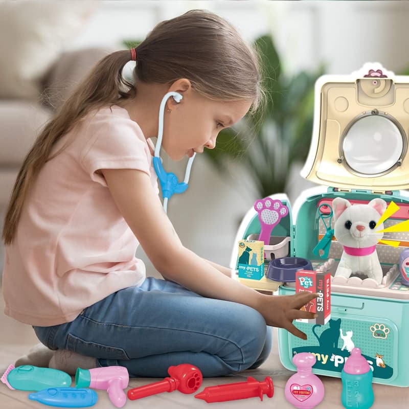 Pet Veterinarian Playset with Cat Carrier Backpack for Kids