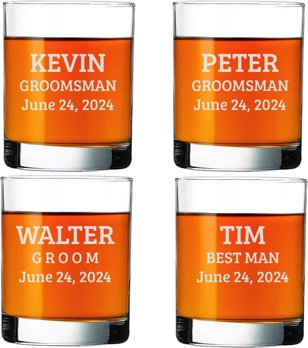 Personalized Etched Whiskey Glasses Set for Groomsmen