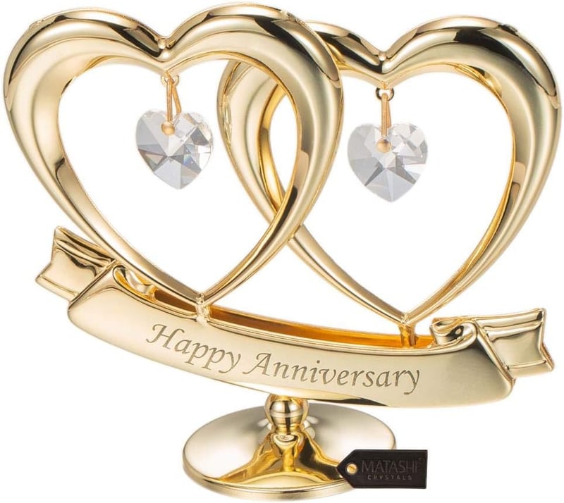 24K Gold Plated Double Heart Sculpture with Crystals - Elegant Gift for Mom