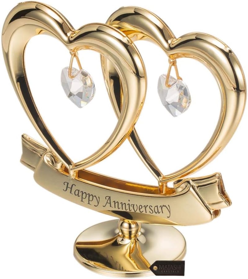 24K Gold Plated Double Heart Sculpture with Crystals - Elegant Gift for Mom