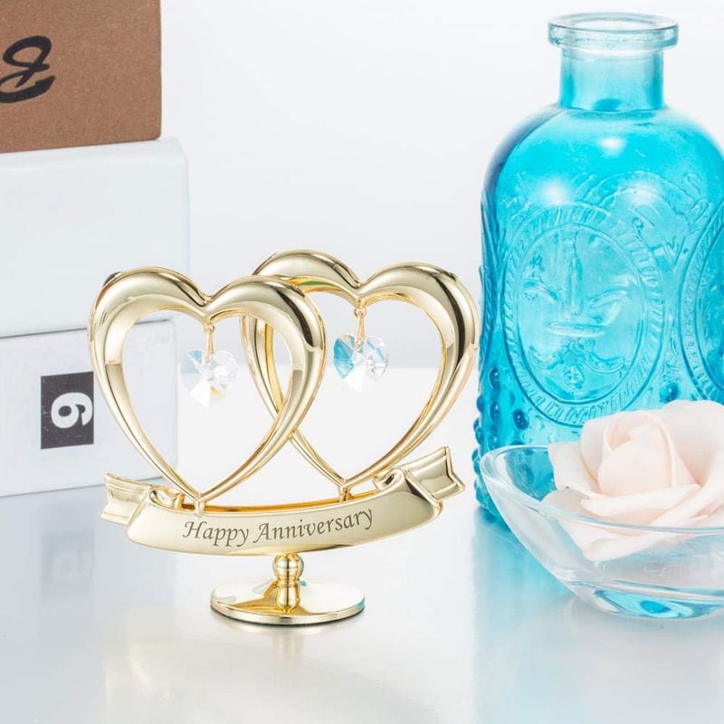 24K Gold Plated Double Heart Sculpture with Crystals - Elegant Gift for Mom
