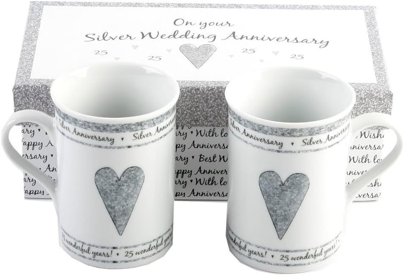 25th Anniversary Ceramic Mug Set with Hearts - Gift Boxed