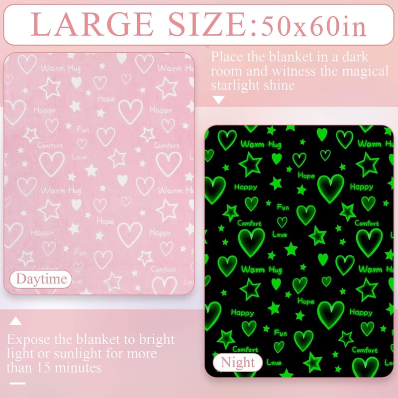 Pink Heart Glow-in-The-Dark Throw Blanket for Girls