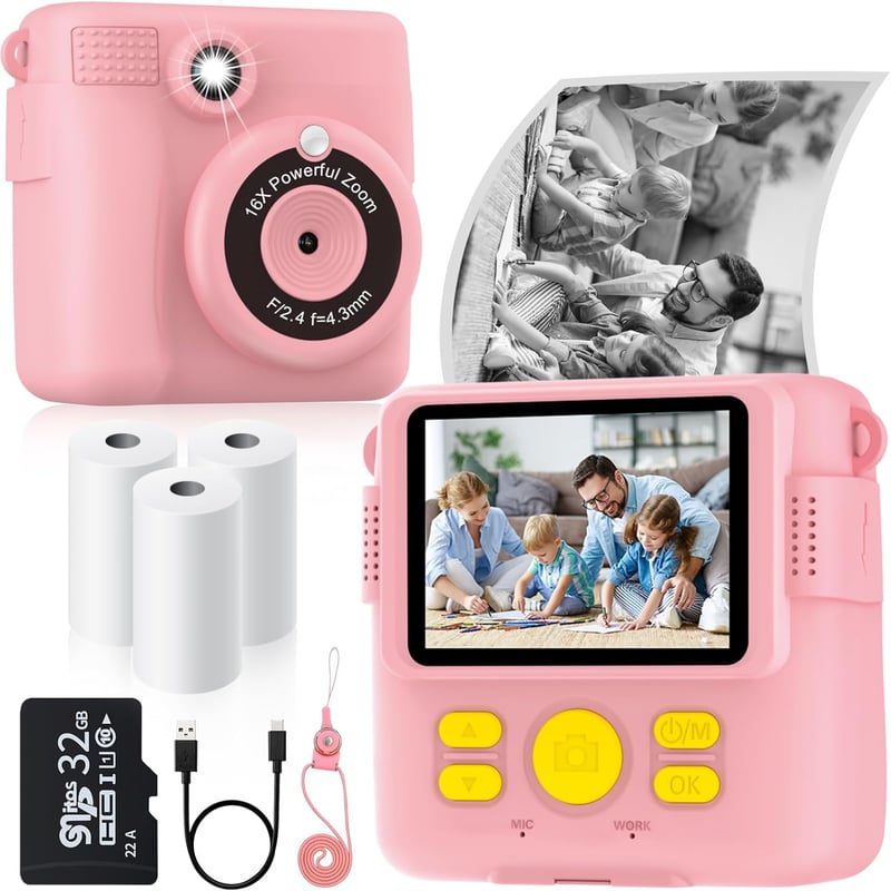 Kids' Instant Print Camera with 32GB SD Card - Gift for Ages 3-12