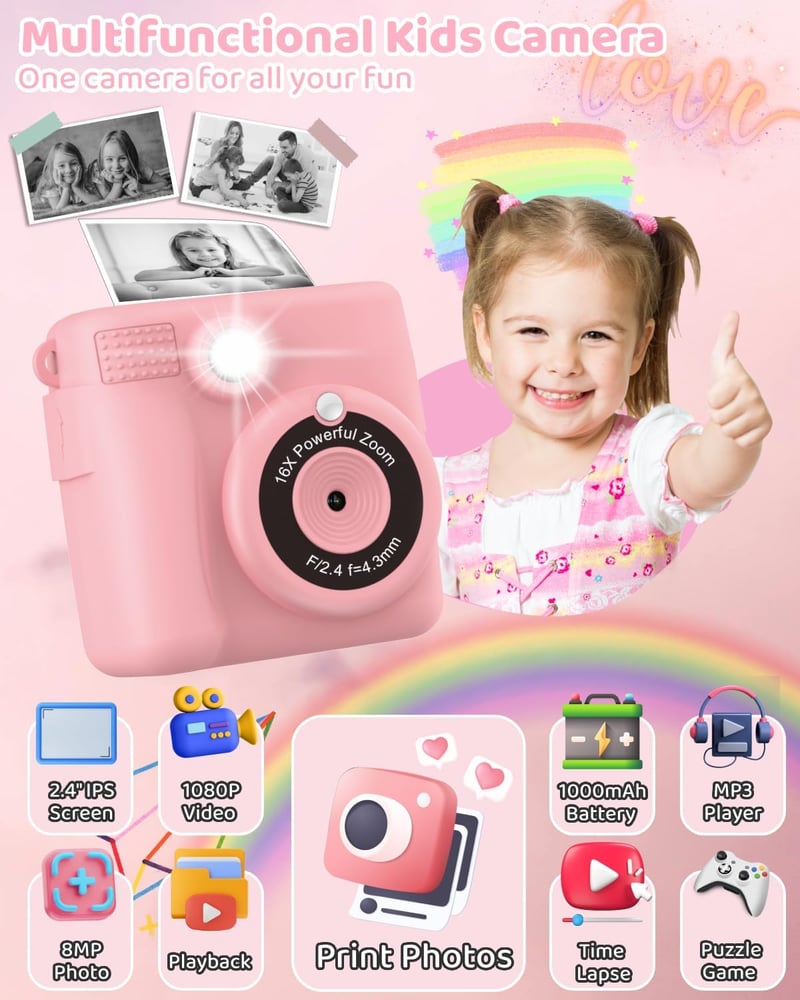 Kids' Instant Print Camera with 32GB SD Card - Gift for Ages 3-12