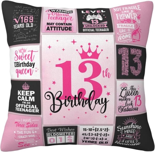13th Birthday Throw Pillow Cover for Girls, 18x18 Inch