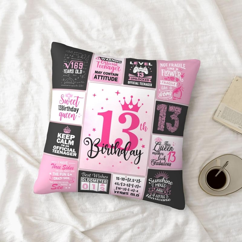 13th Birthday Throw Pillow Cover for Girls, 18x18 Inch