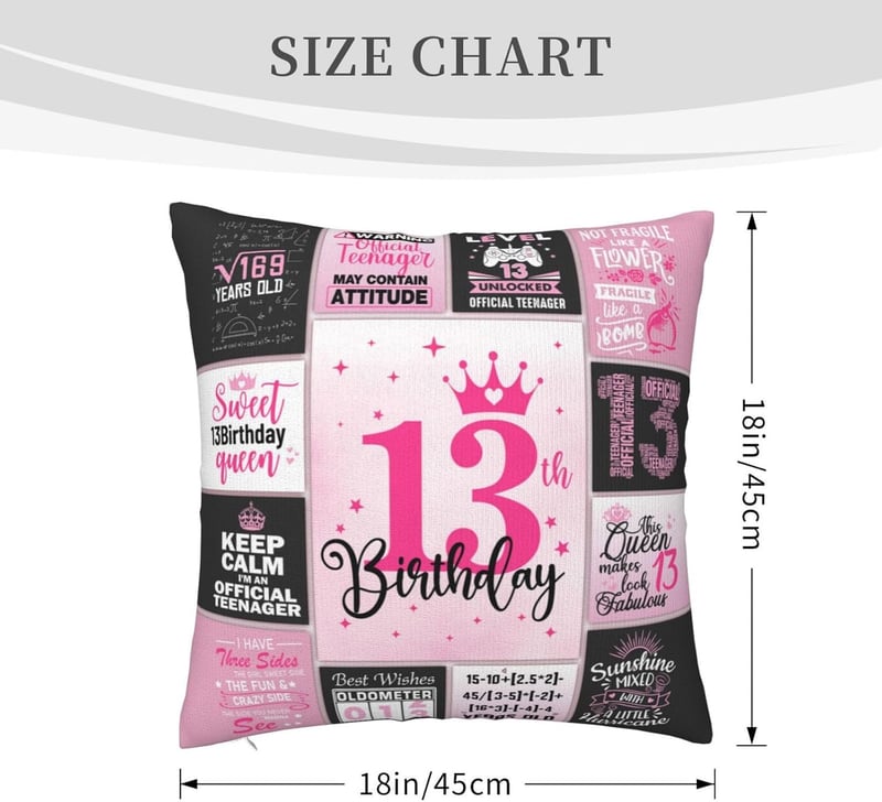 13th Birthday Throw Pillow Cover for Girls, 18x18 Inch