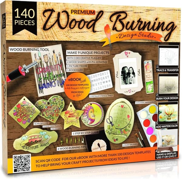 Wood Burning Kit for Beginners - 140 Pieces with 9 Plaques