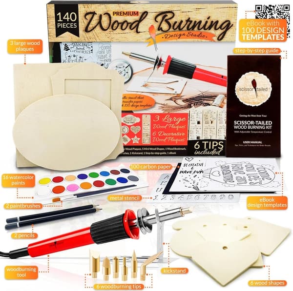 Wood Burning Kit for Beginners - 140 Pieces with 9 Plaques