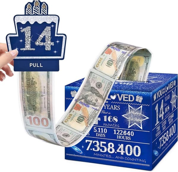 14th Birthday Money Box with 100 Bags - Cash Gift for Teens