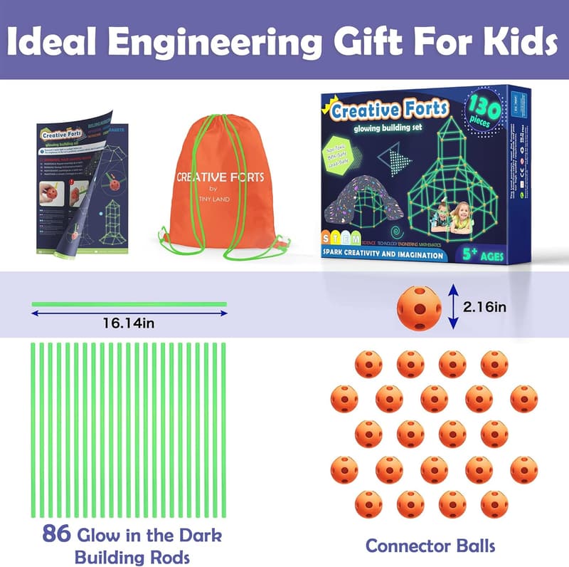 Creative Fort Building Kit for Kids, 86 Rods & 44 Balls, STEM