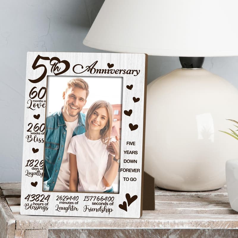 5th Anniversary Wood Photo Frame - Romantic Gift for Couples