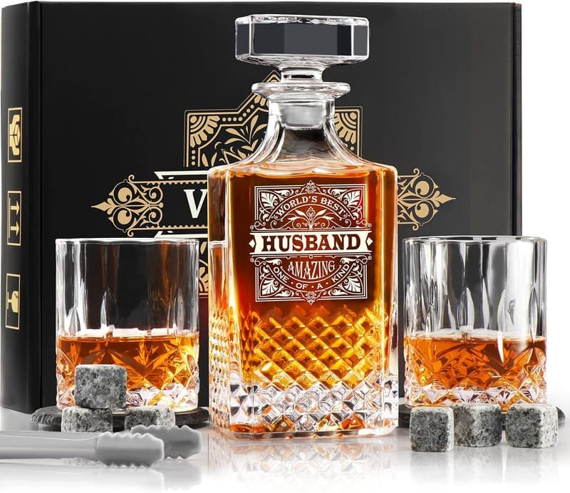 Unique Whiskey Decanter Set with 2 Glasses for Husband