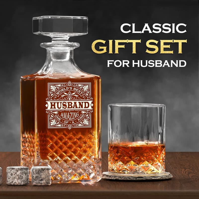 Unique Whiskey Decanter Set with 2 Glasses for Husband