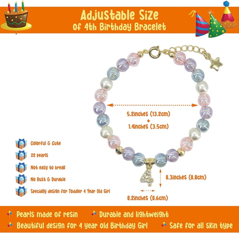 4th Birthday Bracelet Gift for Girls - Princess Jewelry