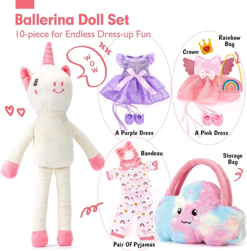 Ballerina Doll Set for Girls 3-6 - Plush Unicorn Toys