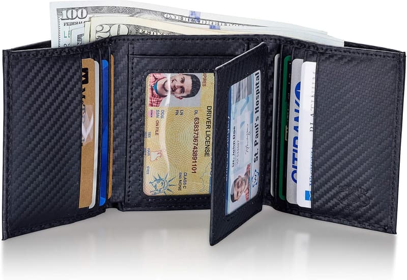 Men's Carbon Fiber Trifold RFID Wallet with Flip-Out ID Holder