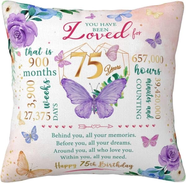 75th Birthday Throw Pillow Cover for Women, 18x18 Inches