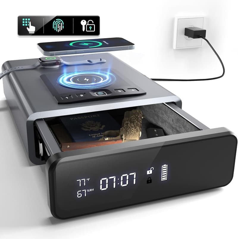 Biometric Handgun Safe with 24/7 Display and Wireless Charger