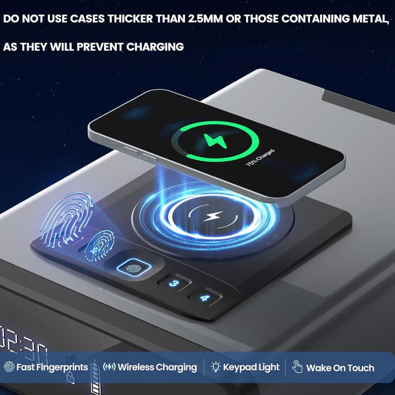 Biometric Handgun Safe with 24/7 Display and Wireless Charger