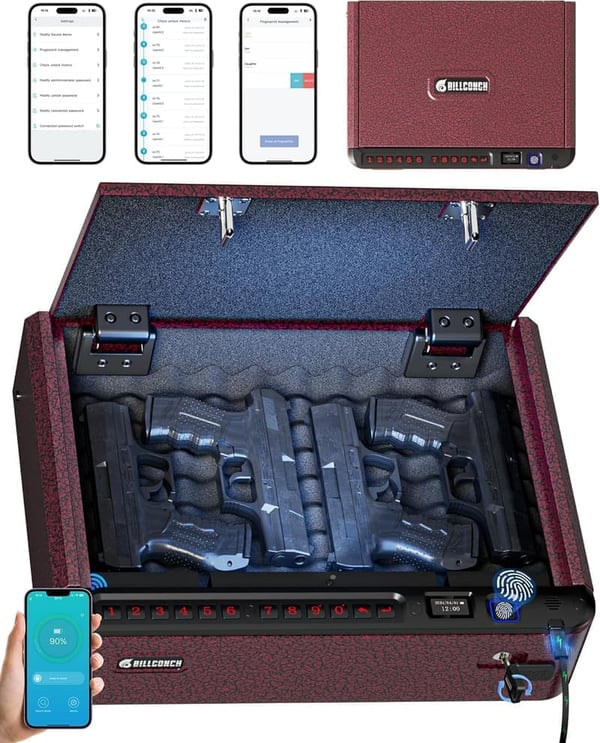 Biometric Gun Safe with 4 Access Modes - Burgundy Red
