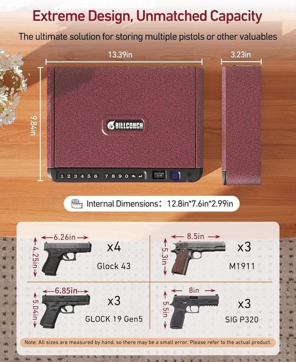 Biometric Gun Safe with 4 Access Modes - Burgundy Red