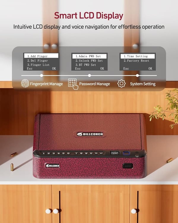 Biometric Gun Safe with 4 Access Modes - Burgundy Red