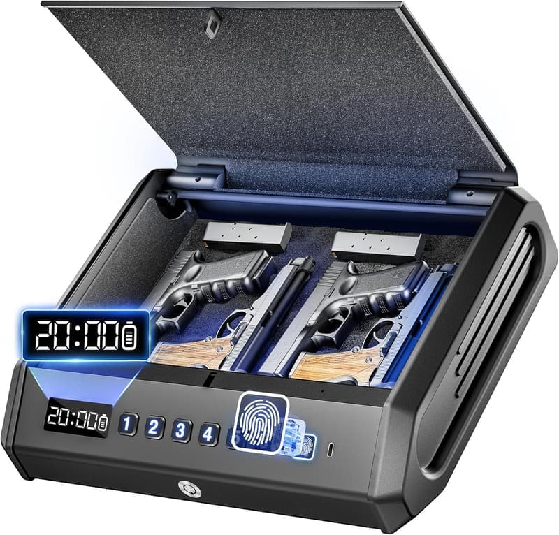 Biometric Gun Safe for 4 Pistols with Silent Mode & Light