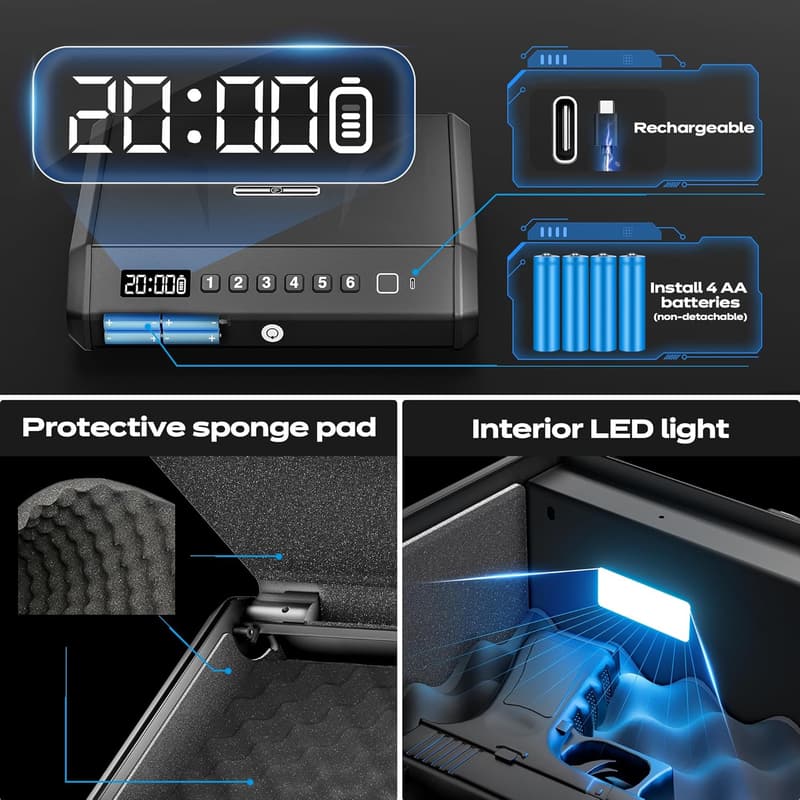 Biometric Gun Safe for 4 Pistols with Silent Mode & Light
