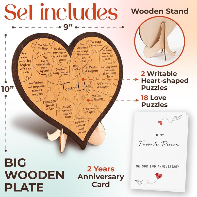 2nd Anniversary Wooden Gifts for Couples - Heart Keepsake