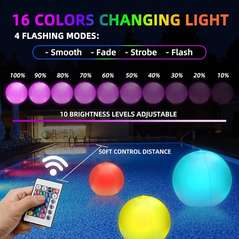 Light-Up Beach Balls, 16” Glow-in-the-Dark Inflatable Pool Toys