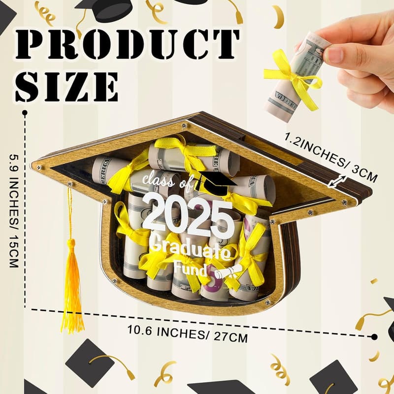 2025 Graduation Cap Money Holder - Rustic Wooden Cash Box