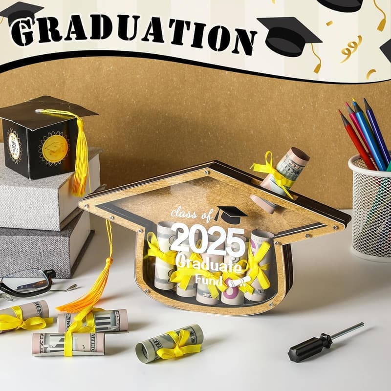 2025 Graduation Cap Money Holder - Rustic Wooden Cash Box