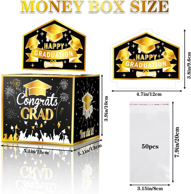 Graduation Cash Gift Box with Pull-Out Card & 50 Bags (Black Gold)